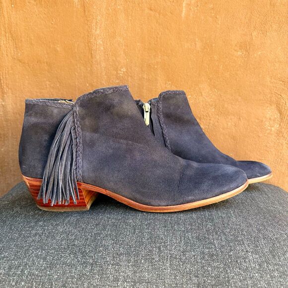 Sam Edelman Navy Blue Suede Paige Fringe Zip Up Low Booties - Picture 1 of 7